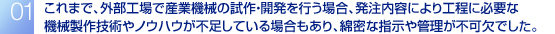 これまで、外部工場で産業機械の試作・開発を行う場合、発注内容により工程に必要な機械製作技術やノウハウが不足している場合もあり、綿密な指示や管理が不可欠でした。