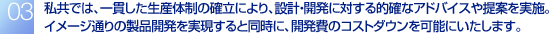 私共では、一貫した生産体制の確立により、設計・開発に対する的確なアドバイスや提案を実施。イメージ通りの製品開発を実現すると同時に、開発費のコストダウンを可能にいたします。