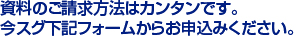 資料のご請求方法はカンタンです。
今スグ下記フォームからお申込みください。